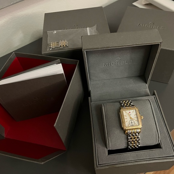 MICHELE Women's Watch Deco Diamond Two Tone Gold Silver w/box *need new battery* - Picture 2 of 6